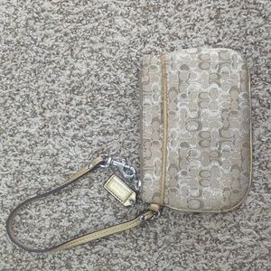 Coach metallic thread silver gold tan zippered wristlet signature C